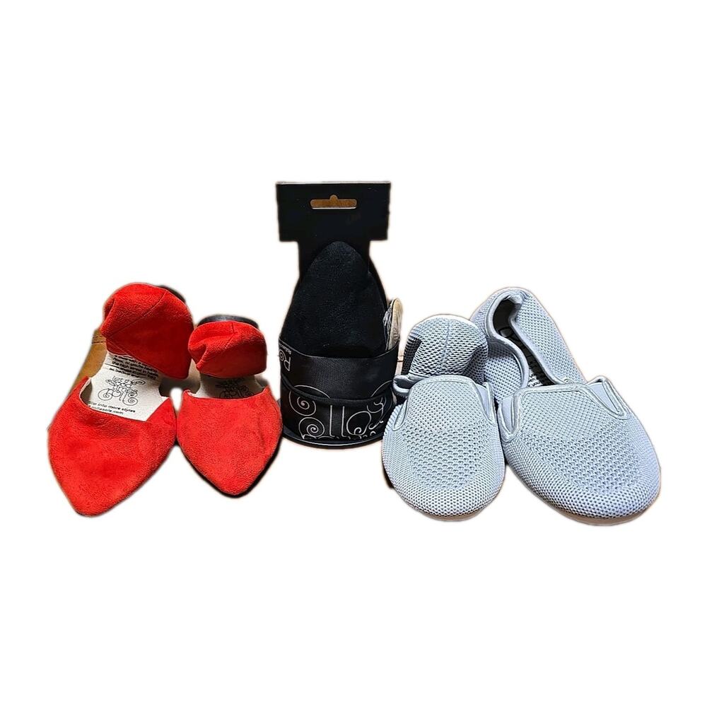 Lot of 3 NEW Rollasole Red Black Gray Foldable Slip On Flats Womans Size 5.5-6.5